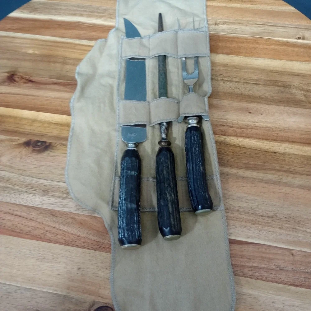 Vintage Universal Black Stag Antler Handled 3 Pc Stainless Resistain Carving Set